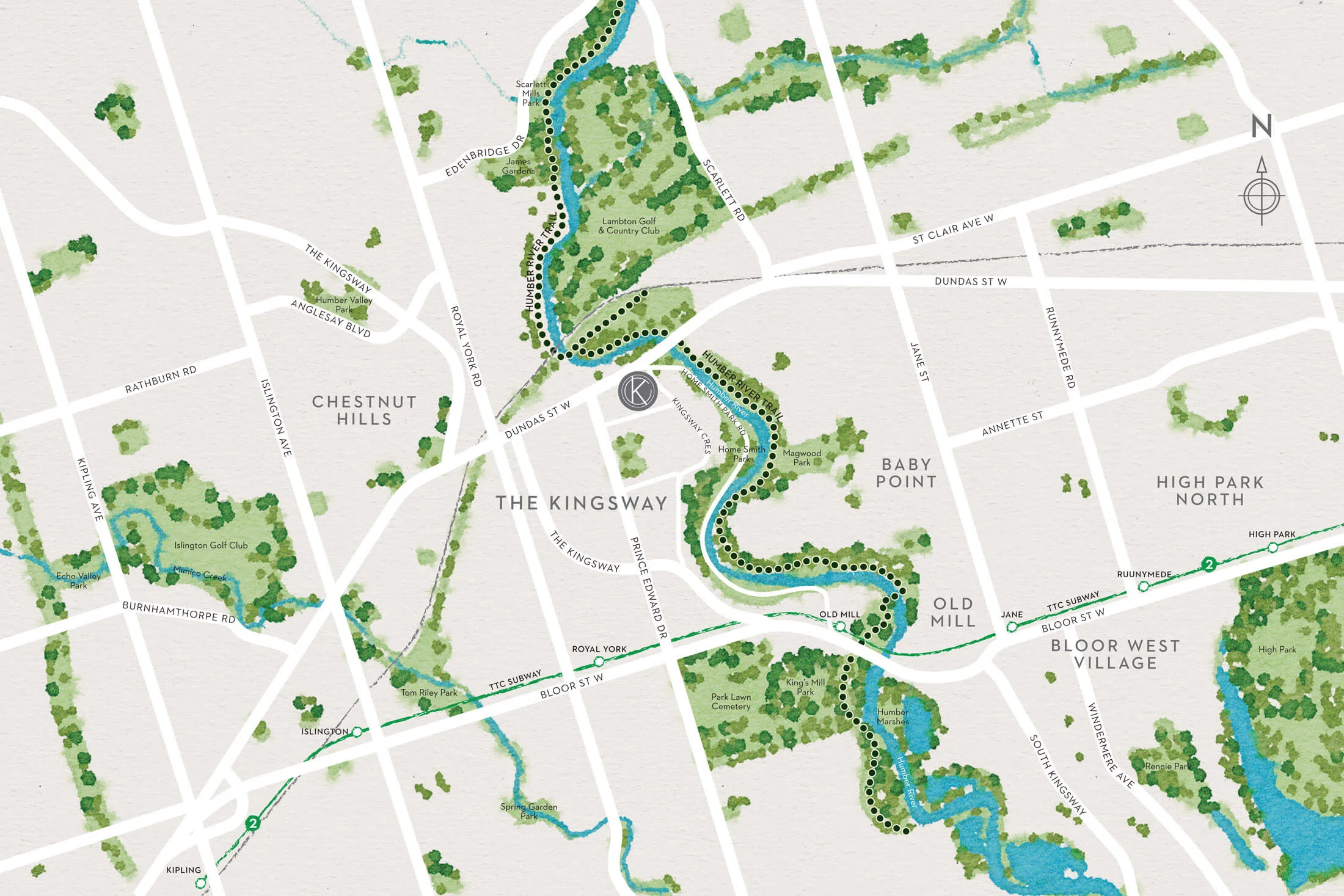 Kingsway Crescent Map showing the Kingsway Neighbourhood in Etobicoke Ontario